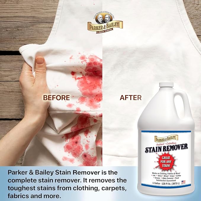 Parker & Bailey Liquid Stain Remover - Instant Stain Removal on Laundry Clothing Fabric Ink Grease Blood Grass Coffee Wine Food Carpet Upholstery Spot Cleaner Odor Free Detergent Booster - Gallon