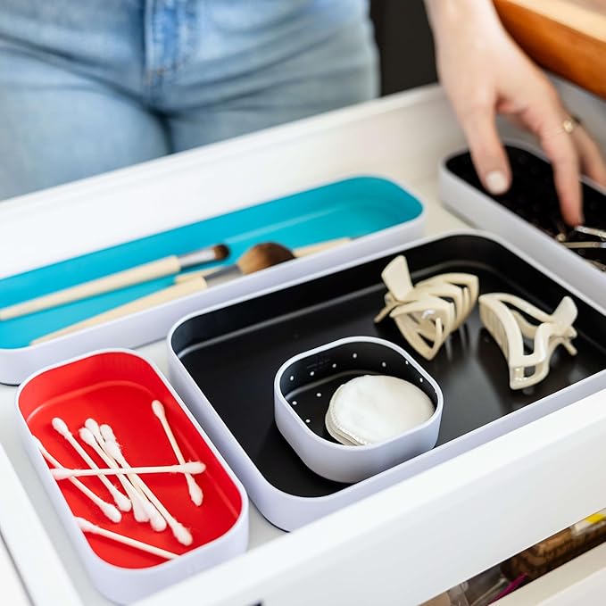 Three by Three Seattle Metal Drawer Organizer Tray Set, 5-Pc, 1" (Multi) | Colorful 1" metal bins; food-safe; soft non-scratch base; kitchen, bathroom, vanity, desk & office drawers