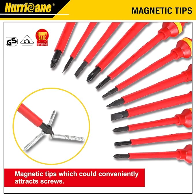 HURRICANE 1000V Insulated Electrician Screwdriver Set, 13 Piece Professional Electrical Screwdriver Set, CR-V Steel Magnetic Phillips Slotted Pozidriv Torx, Insulation VDE & GS Certified Screwdriver
