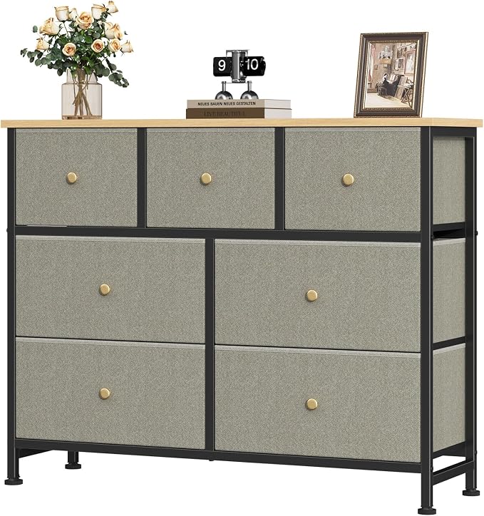 OLIXIS 7 Drawer Closet Organizer, Storage Tower with Sturdy Steel Frame | Dresser for Bedroom, Wooden Top & Easy Pull Fabric Bins, Clothes Organization, Living Room Entryway, Dark Green