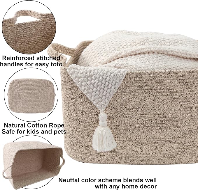 65L Large Laundry Basket with Handles,Woven Blanket Basket,Brown | 21"×16"×12" Collapsible Cotton Rope Storage Basket for Toys Clothes & Pillows, Nursery, Bathroom, Bedroom, Living Room