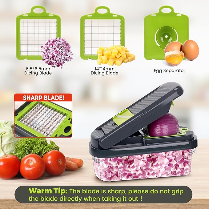 Yusshn Vegetable Chopper,12-in-1 Multifunctional Food Chopper,Professional Onion Chopper with 7 Blades,Vegetable Cutter with Container for Salad,Potato,Carrot,and Garlic; Essential Kitchen Tool(Grey)