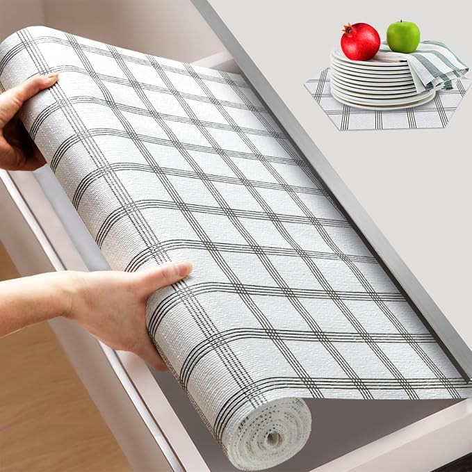 Beautysaid Shelf and Drawer Liner for Kitchen Cabinet Non Adhesive Non Slip | Shelf Paper Waterproof Washable Thickened for Dresser Pantry Shelve Bathroom Protector Liner(Plaid,23.6 in x 10 FT)