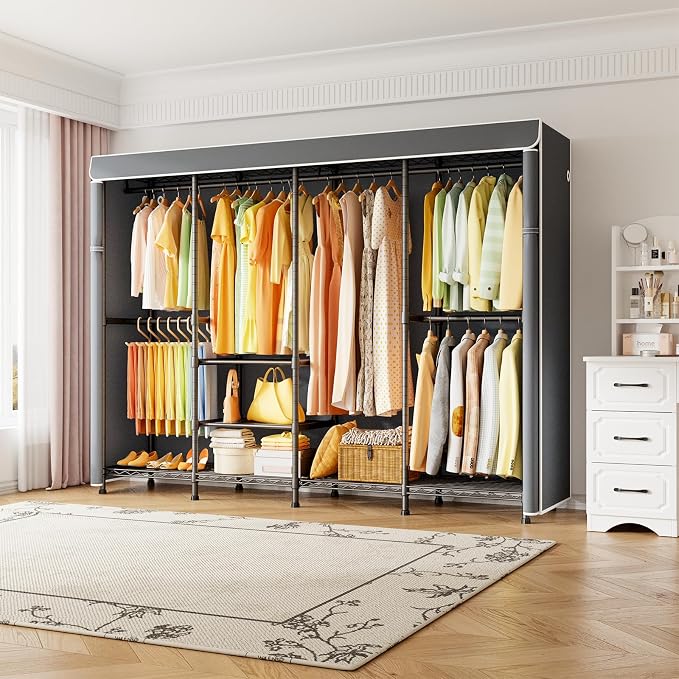 ULIFHOME Clothes Rack with Cover, Large Clothing Racks for Hanging Clothes | H41C Heavy Duty Garment Rack, Adjustable Shelves and Rods, Max Load 1150 Lbs, Black Portable Closet Rack with Gray Cover