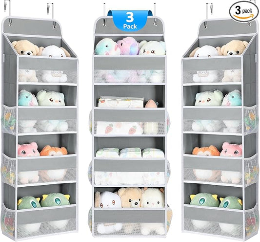 Yecaye 3 Pack Over the Door Organizer, 35.2lbs Load Toy Stuffed Animal Storage, Swing-proof Hanging Bathroom Organizers and Storage for Nursery Newborn Baby Essential Stuff Dorm Room Essentials Grey