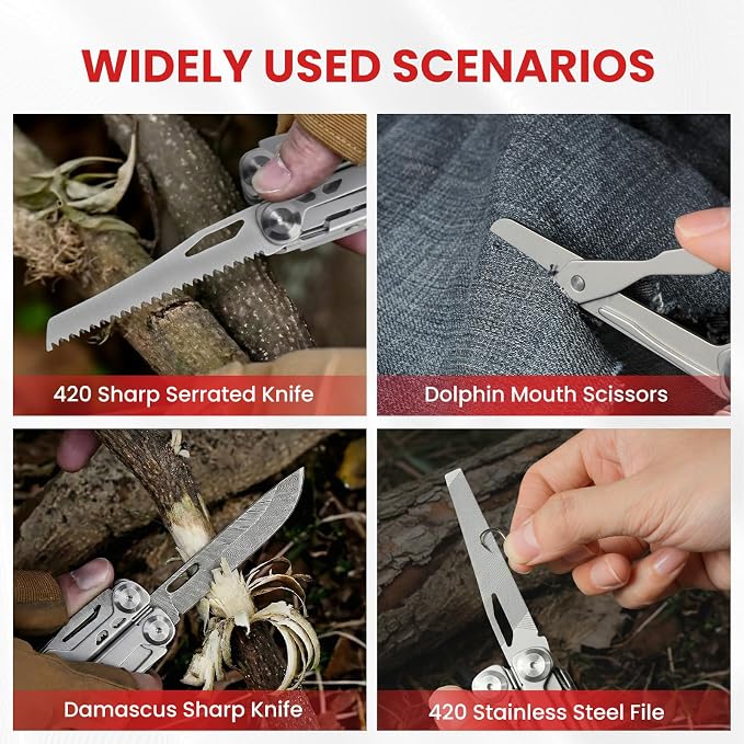 29-in-1 Multitool Pliers, Full-size, EDC Knife, Stainless Steel | Scissors, Damascus Pocket Knife, Nylon Sheath, Screwdriver Sleeve, Survival, Camping, Hiking, Repair, Practical Gift for Men