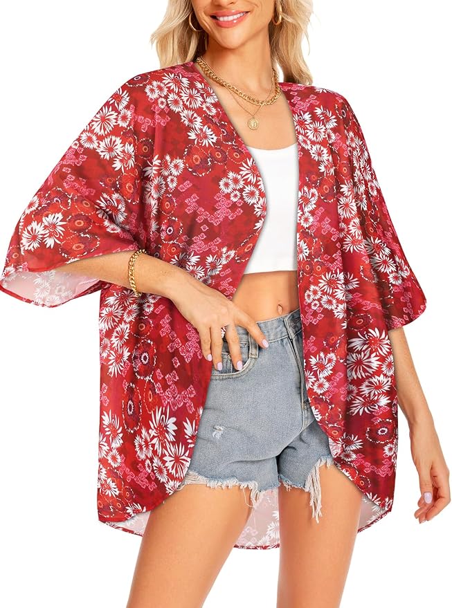 Women Kimono Cardigans Summer Cover Up Hawaiian Shirts Floral Print Tops | ROSEMIA chiffon kimono open front cardigans, beach cover ups, daily casual tops, cruise outfits, summer resort wear