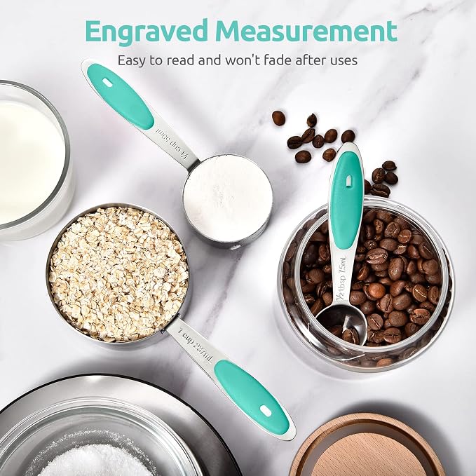 Measuring Cups and Spoons Set: U-Taste 18/8 Stainless Steel 12 Pieces Metal Stacking Kitchen Baking Cooking Food Measure Set 7 Cups 5 Spoons with Strengthened Weld Joints (Aqua Sky)