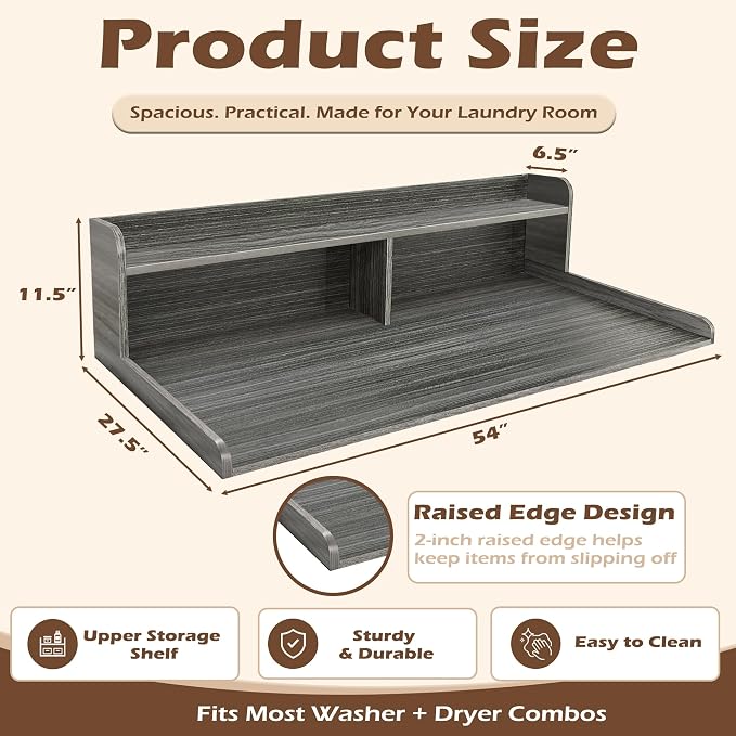 Royxen Laundry Countertop with 2-Tier Shelf Universal Fit, Washer and Dryer Countertop with Storage Space, Shelf Height 11.5 Inches, Solid Wood Core, Eucalyptus