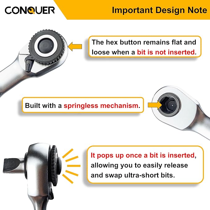 CONQUER 1/4" Mini Ratchet Wrench Low Profile Dual Head | Socket/Bit Driver, 72-Tooth, 5° Swing Arc, Ultra-Low Back Drag, Quick-Release Button; For Tight Engine Bays & EDC Kits