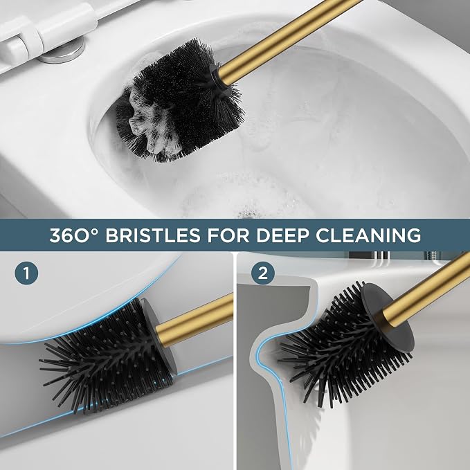 FORIOUS Tall Toilet Brush and Holder Set, Heavy Duty 304 Stainless Steel Base Square and Long Handle for Bathroom Deep Cleaning, Drip-Proof, Space Saving for Storage, 2 Toilet Bowl Brush Head, Gold