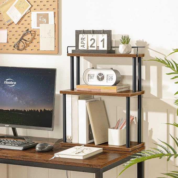 HOOBRO Kitchen Countertop Organizer, Moveable Corner Shelf, Desktop Storage Organizer for Countertop, Office Desk, Living Room, Rustic Brown and Black BF02TL01
