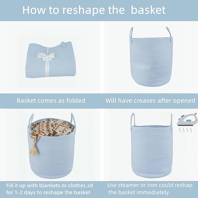 XUANGUO Cotton Rope Laundry Basket Hamper for Clothes, light blue | Woven Storage Basket for Living Room Bedroom Boho Tall Rope Baskets for Blanket Toys Pillow Towels Baby Nursery Hamper Bin