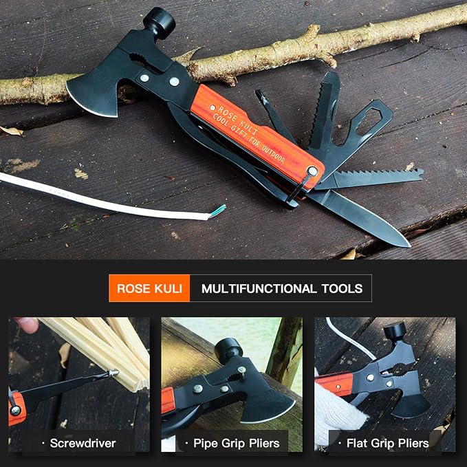 Camping Multitool Axe Hammer, 18 in 1 Multitool Hatchet | Mini Tools with Axe Hammer Plier Set Wooden Handle for Camping Hiking Outdoor Survival Gear Kit, Gift for Men Dad