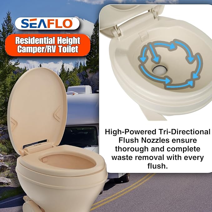 SEAFLO Bone RV Toilet, Residential Height 18.4", Gravity Flush Foot Pedal, Soft Close Seat, Camper Toilet for RV Motorhome Travel Trailer, Parchment, SFRTPH-02-01, 4-Year Warranty