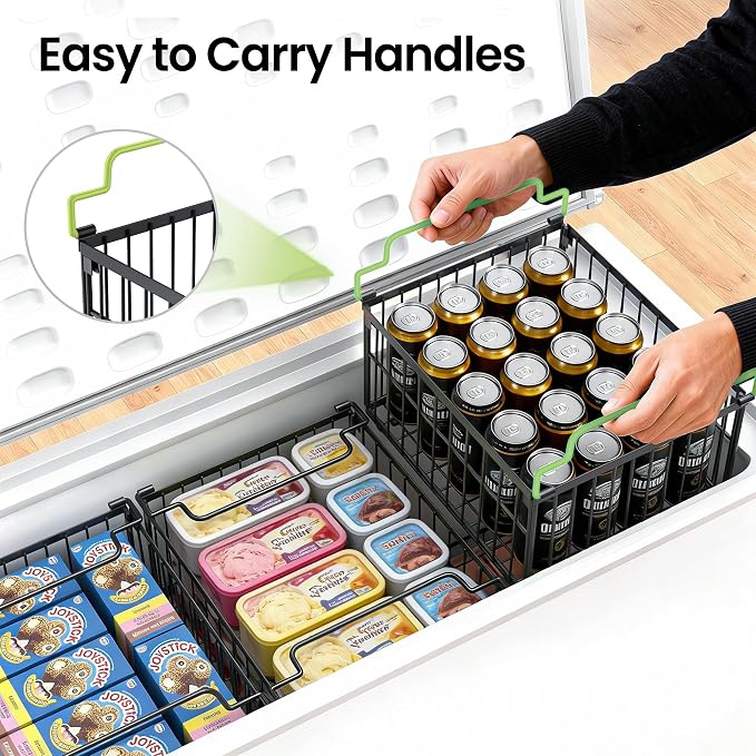 MSERCUOR Freezer Organizer Bins, 3 Pack Big Stackable Deep Chest Freezer Organizer Bins, Foldable Baskets with Handles, Black Storage Container Baskets for 5 to 9 Cu.FT Deep Freezer Sort Frozen Meats