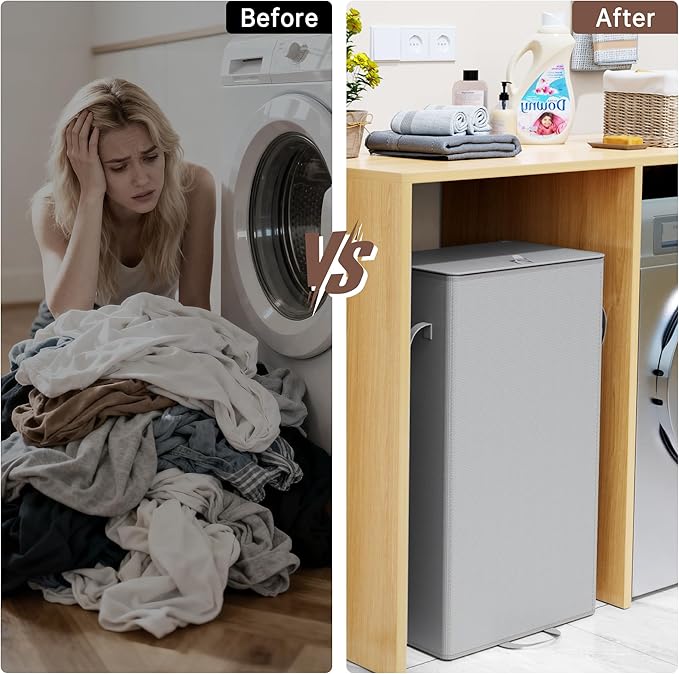 Criusia Laundry Hamper with Lid and Foot Pedal, 100L Fabric Laundry Basket with Removable Mesh Bag, Slim Foldable Design for Bathroom and Laundry Room (Gery)