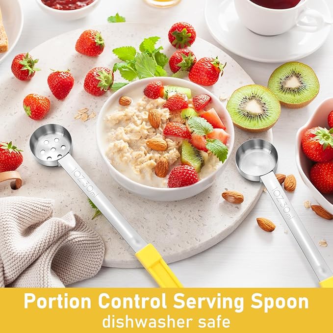 Teenyyou 4 Pcs Portion Control Serving Spoons Portion Control Spoons Ladle Scoops Food Measuring Utensils Proportion Manage Slotted and Unslotted Scoops for Weight Loss(Yellow,1oz)
