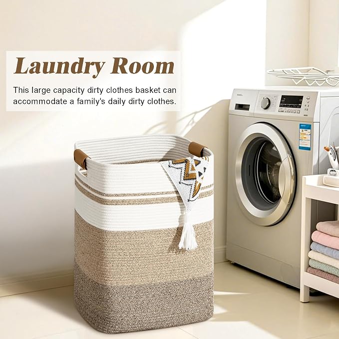 Laundry Hamper, 75L Tall Laundry Basket with Leather Handles, Rectangle Large Clothes Hamper for Organizing, Cotton Woven Laundry Baskets Storage Hampers for Bedroom, Nursery, Living Room