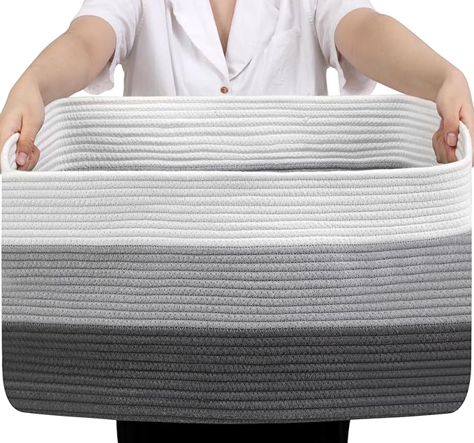 Optish 75L Large Blanket Basket, Woven Storage Baskets with Reinforced Handles, Rope Laundry Basket for Living Room, Bedroom, Nursery, Toys, Clothes,Pillows, 22” x 17” x 11.5”, White & Grey