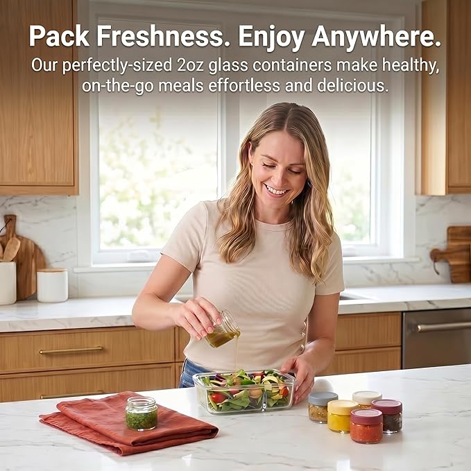 EONJOE 2oz Glass Dressing Containers With Lids, Sauce Jars for Lunch, 12pk | Airtight ,BPA Free,Perfect for to go lunch box Accessories , Dishwansher safe