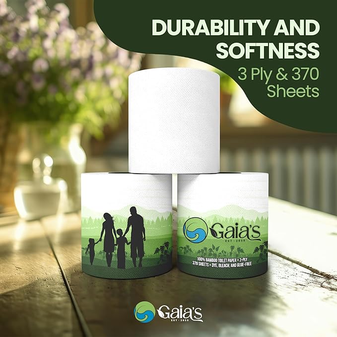 Gaias Premium and Soft Organic Bamboo Toilet Paper | 48 Mega Rolls, 3 Ply, 370 Sheets | FSC Certified, PFAS & BPA Free, Eco-Friendly, Sustainable Tissue - Plastic Free, Septic Safe, Vegan
