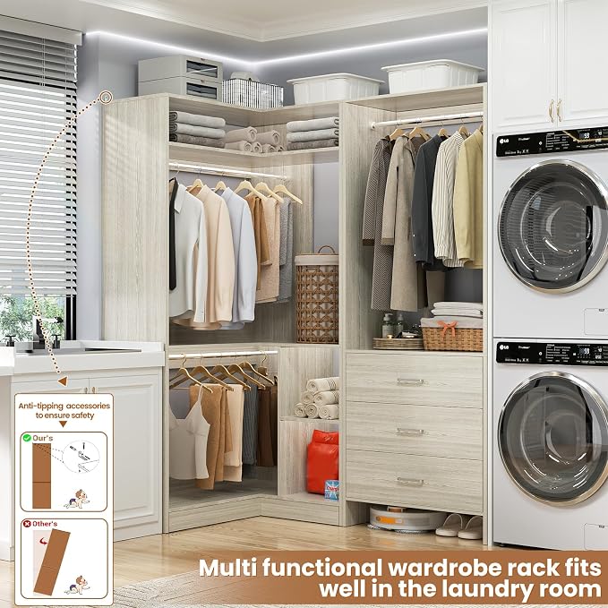 Aheaplus Closet System with 3 Drawers, 2 Hanging Rods & Corner Tower, Corner Closet System with Hanging, L-Shaped Walk-In Wardrobe Organizer, 1300+ lbs Capacity, Set of 2, White Oak