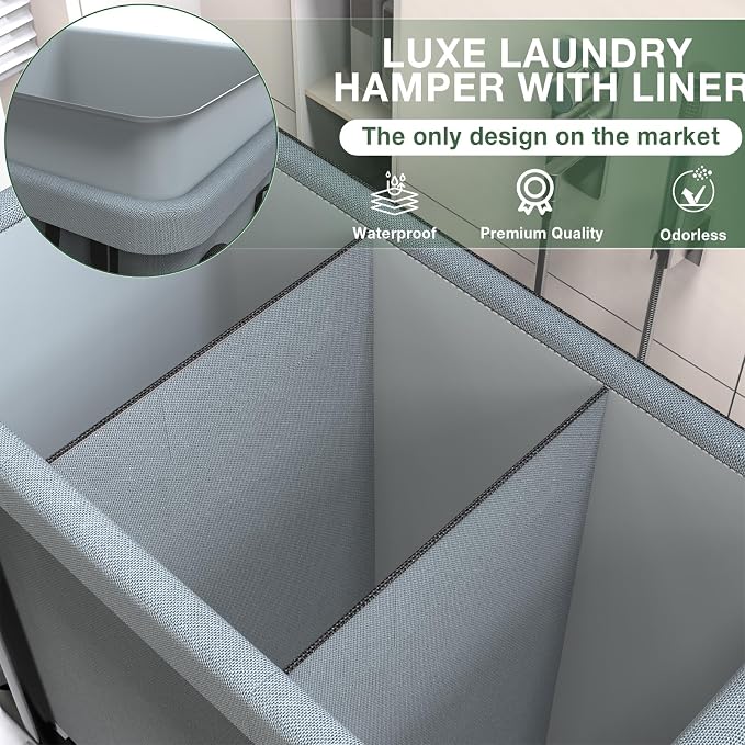 Laundry Basket with Lid,230L Rolling Laundry Hamper with Wheels,Grey | Dirty Clothes Hamper with Metal Frame and Removable Bag Design, Suitable for Laundry Room, Bedroom(3 Section)