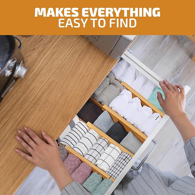 4 Pack Bamboo Drawer Dividers - Adjustable 16 to 22 Inch Expandable Drawer Organizer, Spring Loaded 2.6 Inch High Kitchen Drawer Dividers and Dresser Separator for Clothes, Bedroom, Bathroom, Office