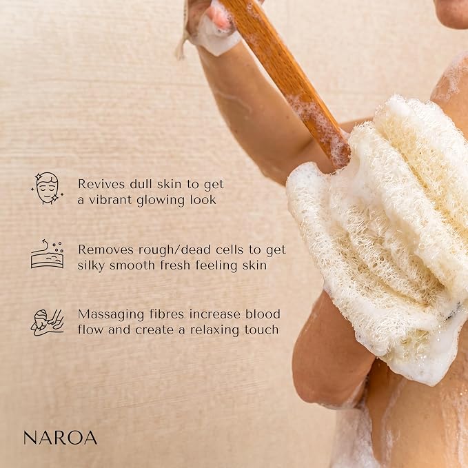 NAROA Natural Loofah with Handle | Back Scrubber for Shower | Exfoliating Bath Sponge on a Stick with Long Handle for Men and Women