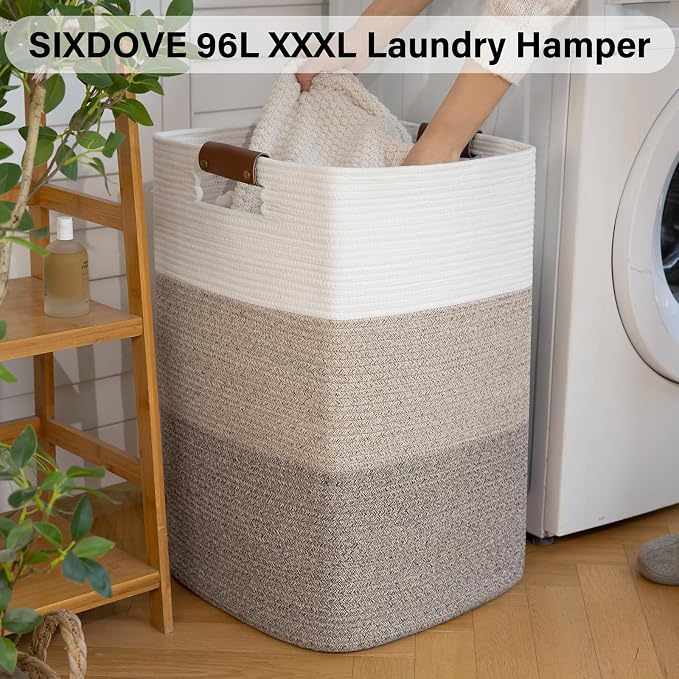 Laundry Hamper 96L Extra Large Laundry Basket, Woven Blanket Basket | Cotton Woven Storage Hamper with Handles for Living Room, Large Baskets for Pillows, Blankets, Clothes-Gradient Yellow