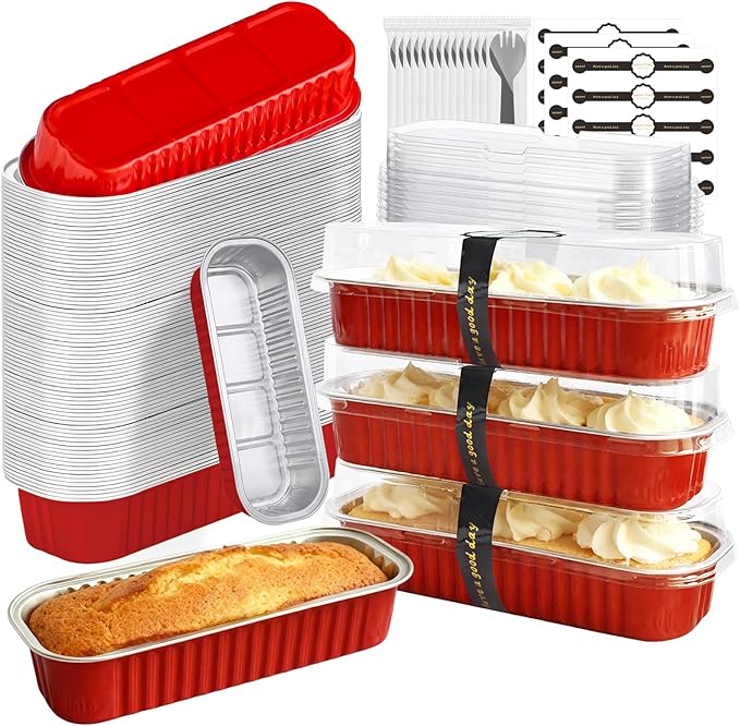 100 Pack Mini Cake Pans with Lids and Spoons, Mini Loaf Baking Pans 6.8oz, Small Disposable Aluminum Foil Loaf Pans, Rectangular Baking Containers for Party and Picnics, Cheesecake Pans (Red)