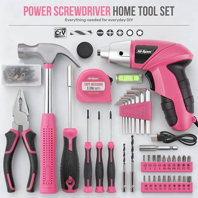 Hi-Spec 4V Electric Ladies Screwdriver Tool Kit Compact Portable Case, Pink | 42pc, everyday fixes made easier, organized portable storage, beginner-friendly selection, apartment and office tasks, tidy