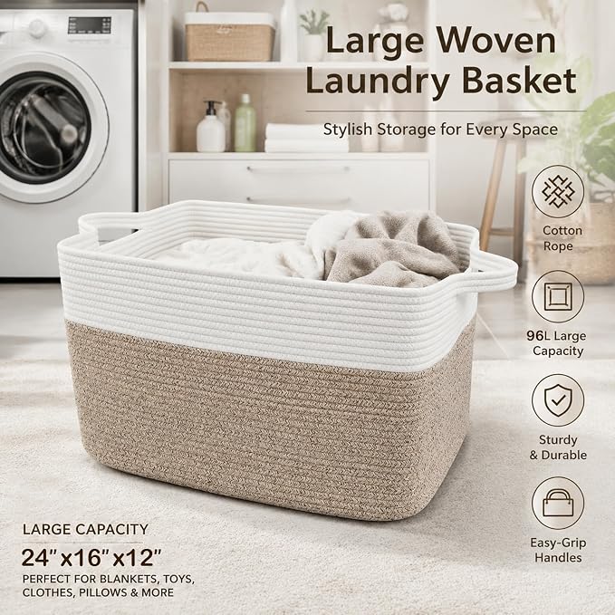 96L Laundry Basket with Handles, Extra Blanket Basket, White/Brown | 24"×16"×15" Collapsible Cotton Rope Storage Basket for Toys Clothes & Pillows, Nursery, Bathroom, Bedroom, Living Room
