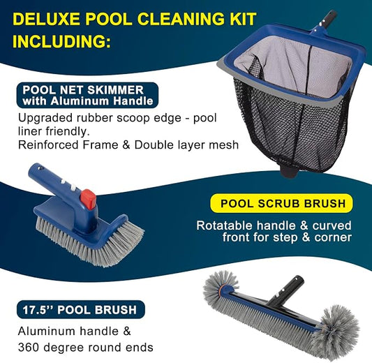 Deluxe Swimming Pool Cleaning Kit Including Pool Skimmer Net with Rubber Edge, 17.5" Pool Brush Head & Rotatable Pool Scrub Brush, Heavy Duty Pool Cleaning Kit Inground & Above Ground Pool (No Pole)