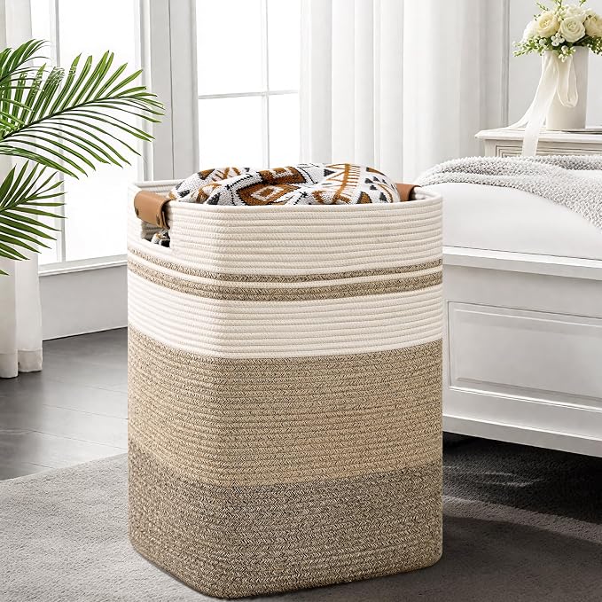 Laundry Hamper, 75L Tall Laundry Basket with Leather Handles, Rectangle Large Clothes Hamper for Organizing, Cotton Woven Laundry Baskets Storage Hampers for Bedroom, Nursery, Living Room