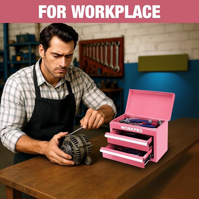 WORKPRO Metal Mini Tool Box with 2 Drawers and Top Storage | Cold Rolled Steel Toolbox, Ball Bearing Slides, PVC Drawer Liners, PP Feet Pads, Durable Storage