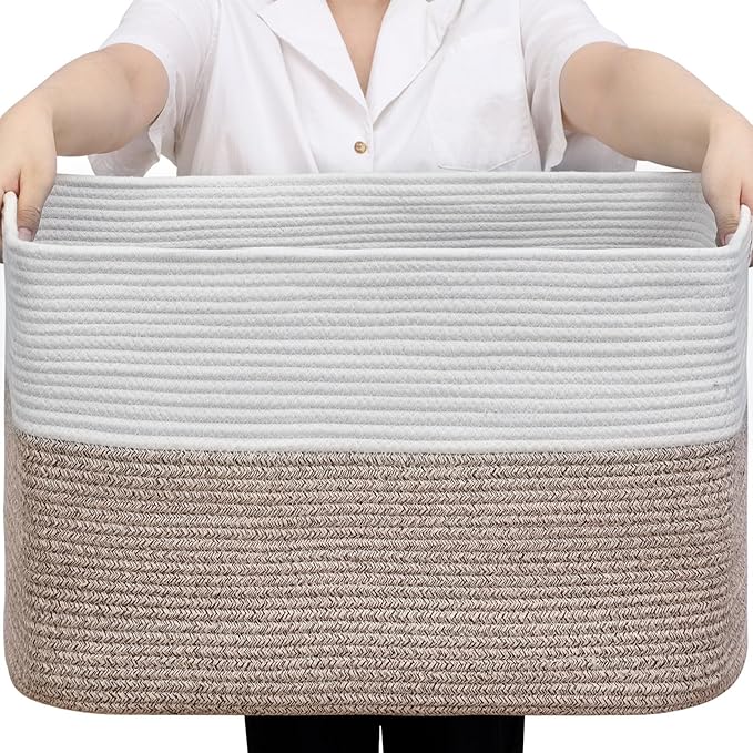 Optish 95L Large Blanket Basket, Woven Storage Baskets with Reinforced Handles, Rope Laundry Basket for Living Room, Bedroom, Nursery, Toys, Clothes,Pillows, 24” x 17” x 13.5”, White & Brown