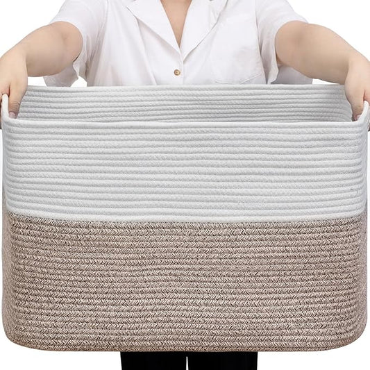 Optish 95L Large Blanket Basket, Woven Storage Baskets with Reinforced Handles, Rope Laundry Basket for Living Room, Bedroom, Nursery, Toys, Clothes,Pillows, 24” x 17” x 13.5”, White & Brown