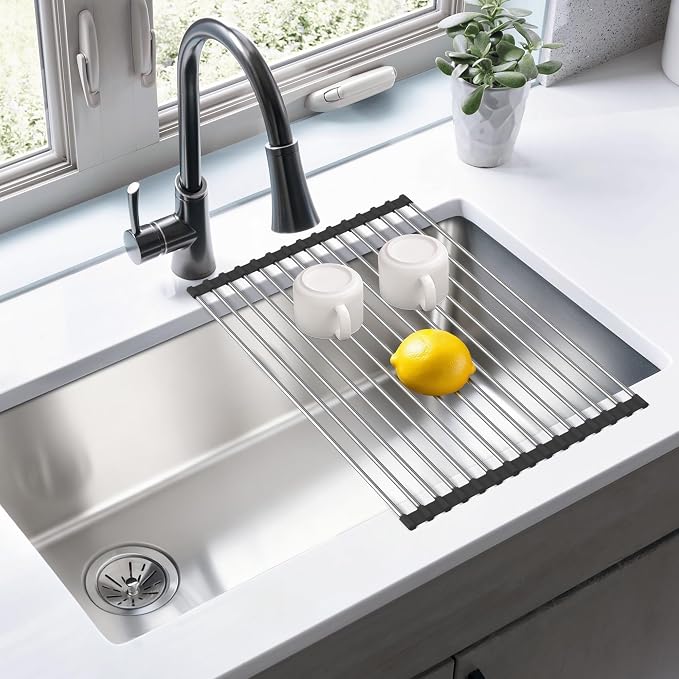 Roll Up Dish Drying Rack, 17" L x 11.8" W, Over The Sink Dish Drying Rack for Kitchen, Black