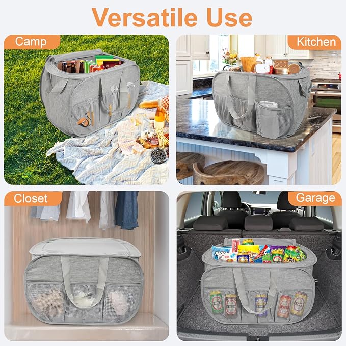 Collapsible Laundry Baskets with Lid, Foldable Laundry Basket with Pockets, Pop Up Laundry Hamper with Dual Handles, 99L Sturdy Hampers for Clothes, Groceries, Supplies, Tools, Grey