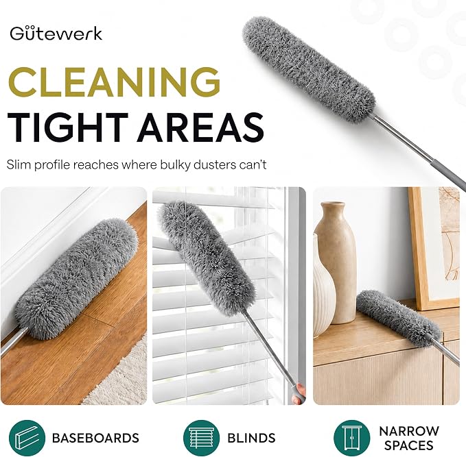 GÜTEWERK Extendable Microfiber Duster, 55 Inch - Feather Dusters for Cleaning Ceiling Fans, Blinds, Baseboards & High Ceilings - Washable, Electrostatic, 360° Bendable Head, Stainless Steel Pole