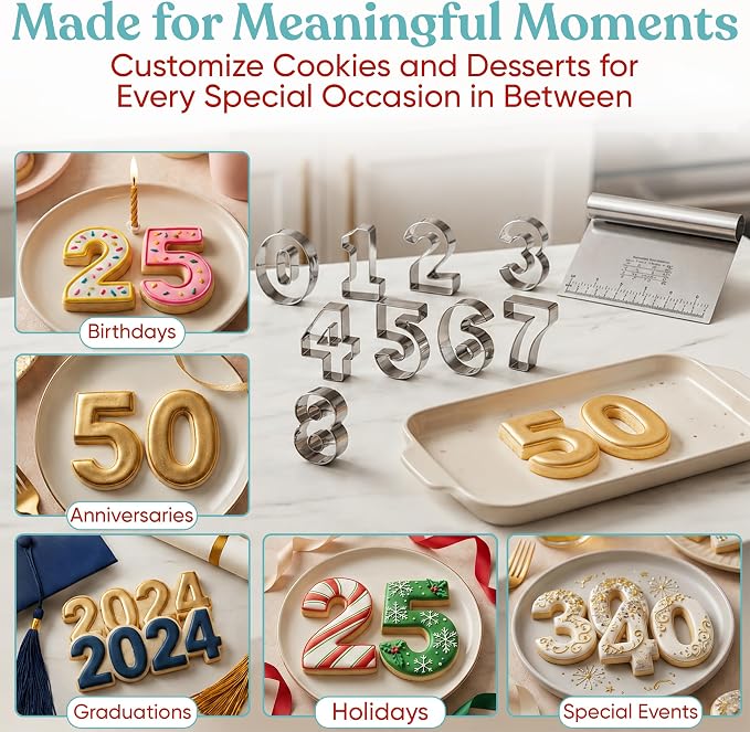 Bakerpan Stainless Steel Big Number Cookie Cutter Set - 9 Large 3.5 Inch Number Cookie Cutters 0-9 (Reversible 6/9) for Cookies, Biscuits, Fondant, Birthdays & Cake Decorating + Bonus Dough Cutter