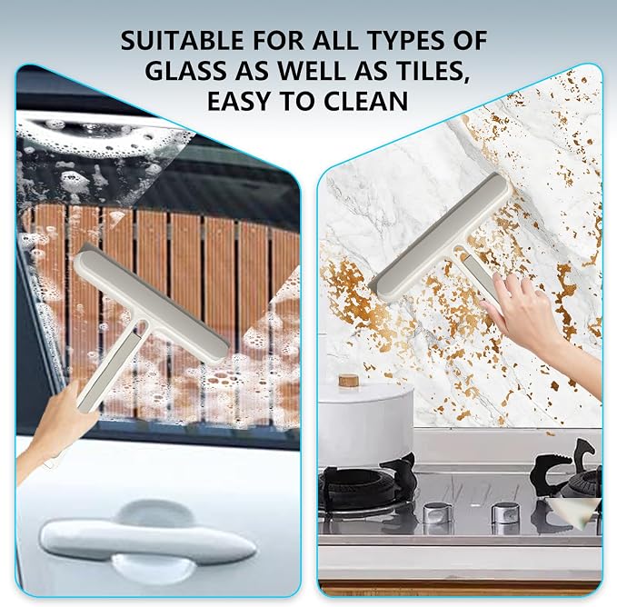 4-in-1 Shower Squeegee for Glass Doors, Silicone Window Squeegee with Foam Brush & Crevice Scraper, Small Bathroom Glass Cleaner Tool for Shower, Mirror, Tile, Window and Kitchen
