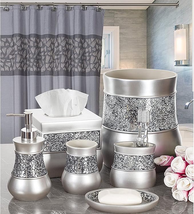 Crackled Glass Silver Toothbrush Holder And Toothpaste Holder For Bathroom - Elegant Crackled Glass Bathroom Toothbrush Organizer - Decorative 2 Slot Family Toothbrush Cup Holds Multiple Toothbrushes