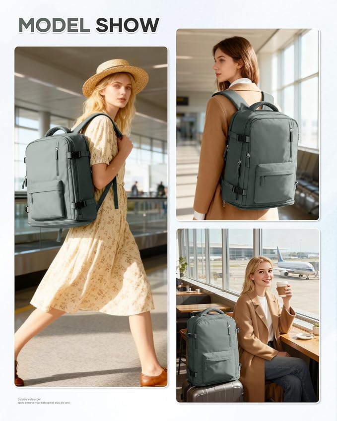WONHOX Large Travel Backpack Women, Carry On Backpack,Hiking Backpack Waterproof Outdoor Sports Rucksack Casual Daypack with USB Charging Port Shoes Compartment, Dark Green