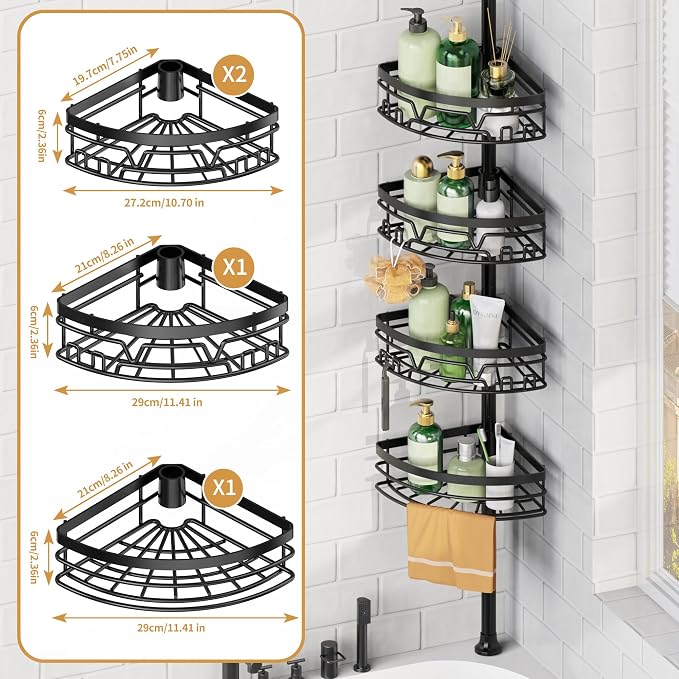 DAOYA Tension Pole Shower Caddy with Towel Bar - Corner Shower Caddy, Black | Tension Rod Shower Caddy, 4-Tier, 12 Side Hooks, Adjustable, Floor to Ceiling 25-114 Inch, For Bathroom Bathtub Living Room