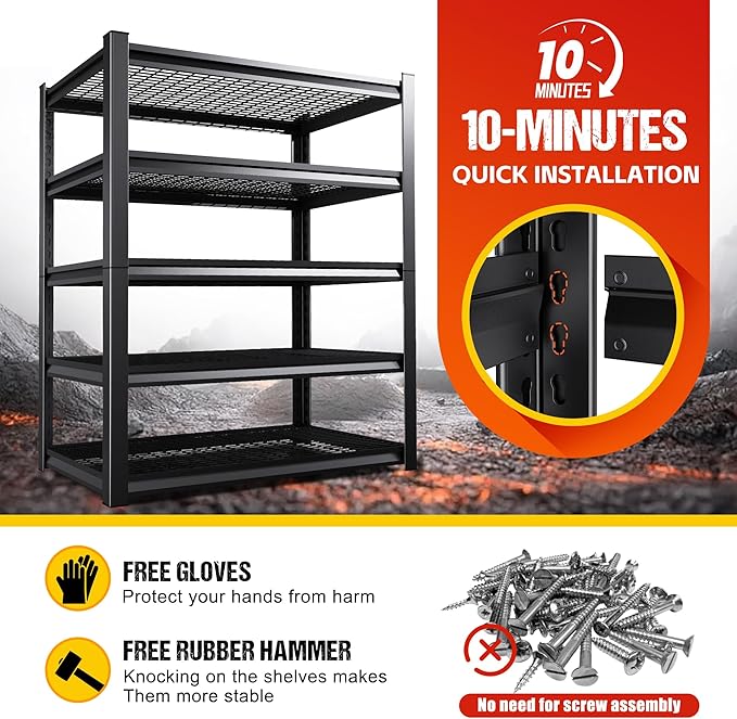 Set of 5 Garage Shelving Heavy Duty Storage Shelves, Adjustable Metal Shelving Unit, Utility Garage Organizer Shelf for Basement, Pantry, Warehouse, Supermarket, 35.4" Wx15.7 Dx71.2 H,Black
