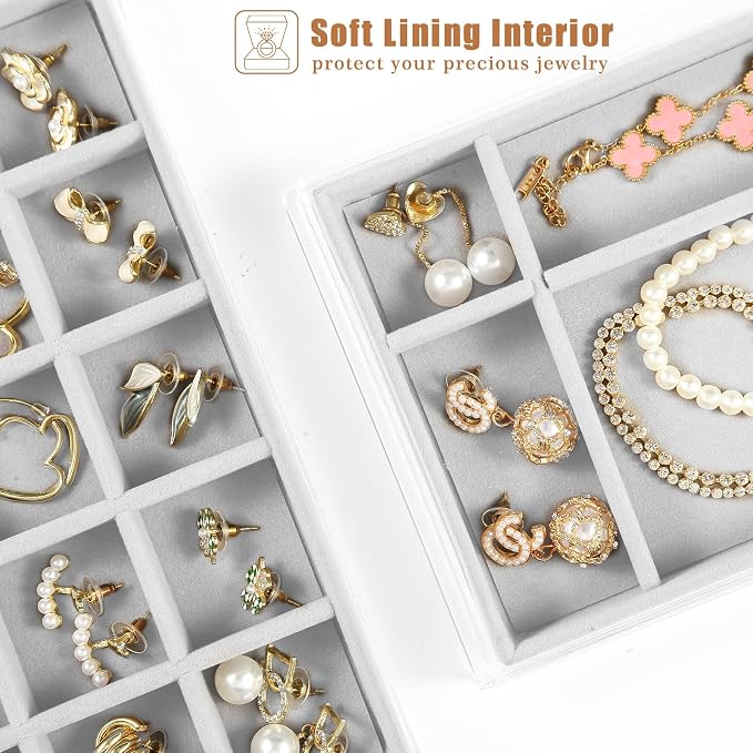 GUOER Earring Organizer, Acrylic Jewelry Box with 5 Drawers for Women, Grey | Clear Earring Holder Organizer Box, Stud Earring Ring Display Storage Case Large, Adjustable Velvet Trays Girls Gifts