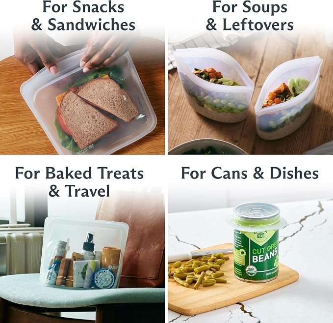 Stasher Silicone Reusable Storage Bags & Stretch Lids, 10-Pack Starter Kit, Reusable Freezer Bags, Microwave, Dishwasher, Oven Safe, Sous Vide, Lunch Containers, Eco Friendly, Food Storage Bags, Clear